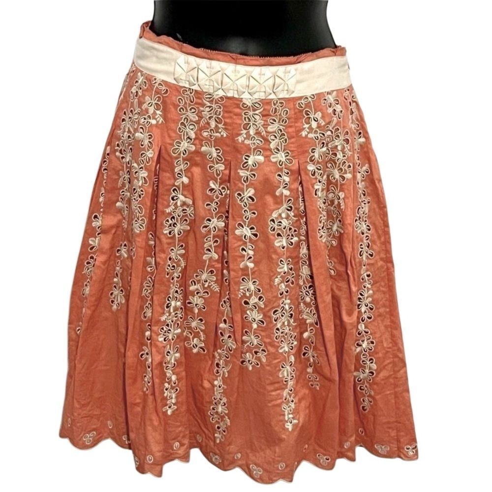 Vtg Y2K Elie Tahari Peach Ivory Floral Embroidered Ribbon Cottagecore Skirt XS 2